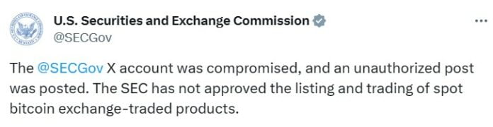 美國證券交易委員會就聲稱X（前稱Twitter）帳戶被盜，並發佈了「批准比特幣ETF上市」的消息，令市場關注社交媒體帳號安全。