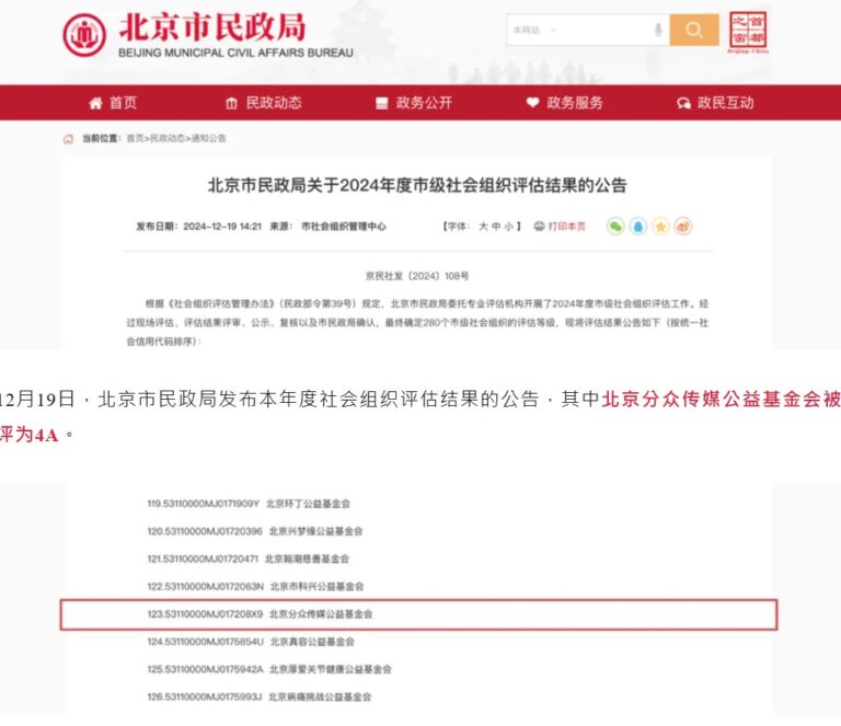 香港資深投資者兼慈善家張永漢牽頭成立的慈善機構北京分眾傳媒公益基金會，獲北京市民政局社會組織等級評估，評為第二級別的4A評級。